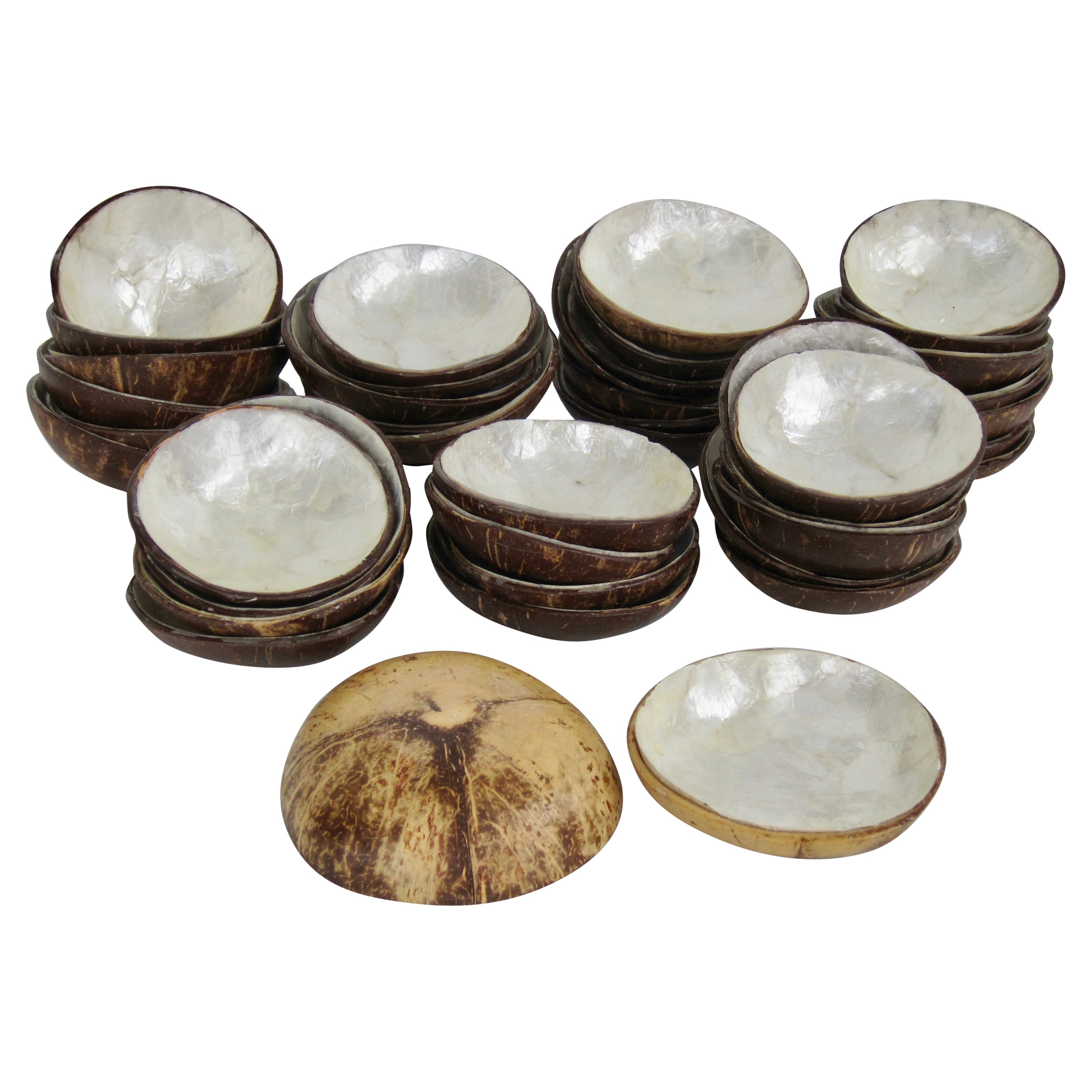 Set of Six Tiki Coconut and Capiz Shell Petite Bowls 