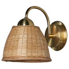 Ewå Värnamo, Wall Light, Brass, Rattan, Sweden, 1970s