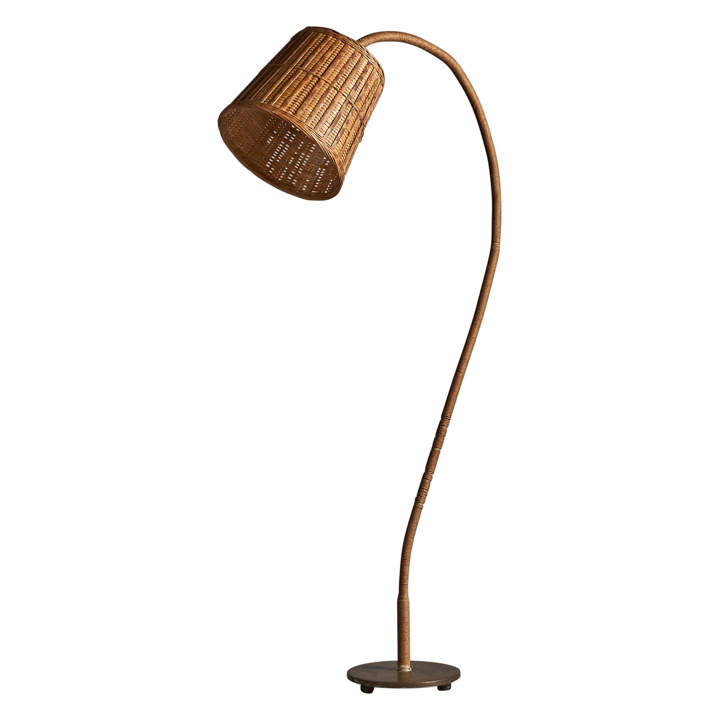 Swedish Designer, Floor Lamp, Rattan, Cord, Brass, Wood, Sweden, 1930s For Sale
