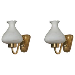 Swedish Designer, Wall Lights, Brass, Glass, Sweden, 1950s