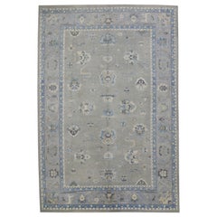 Blue & Green Floral Design Handwoven Wool Turkish Oushak Rug 9'5" X 14'1"