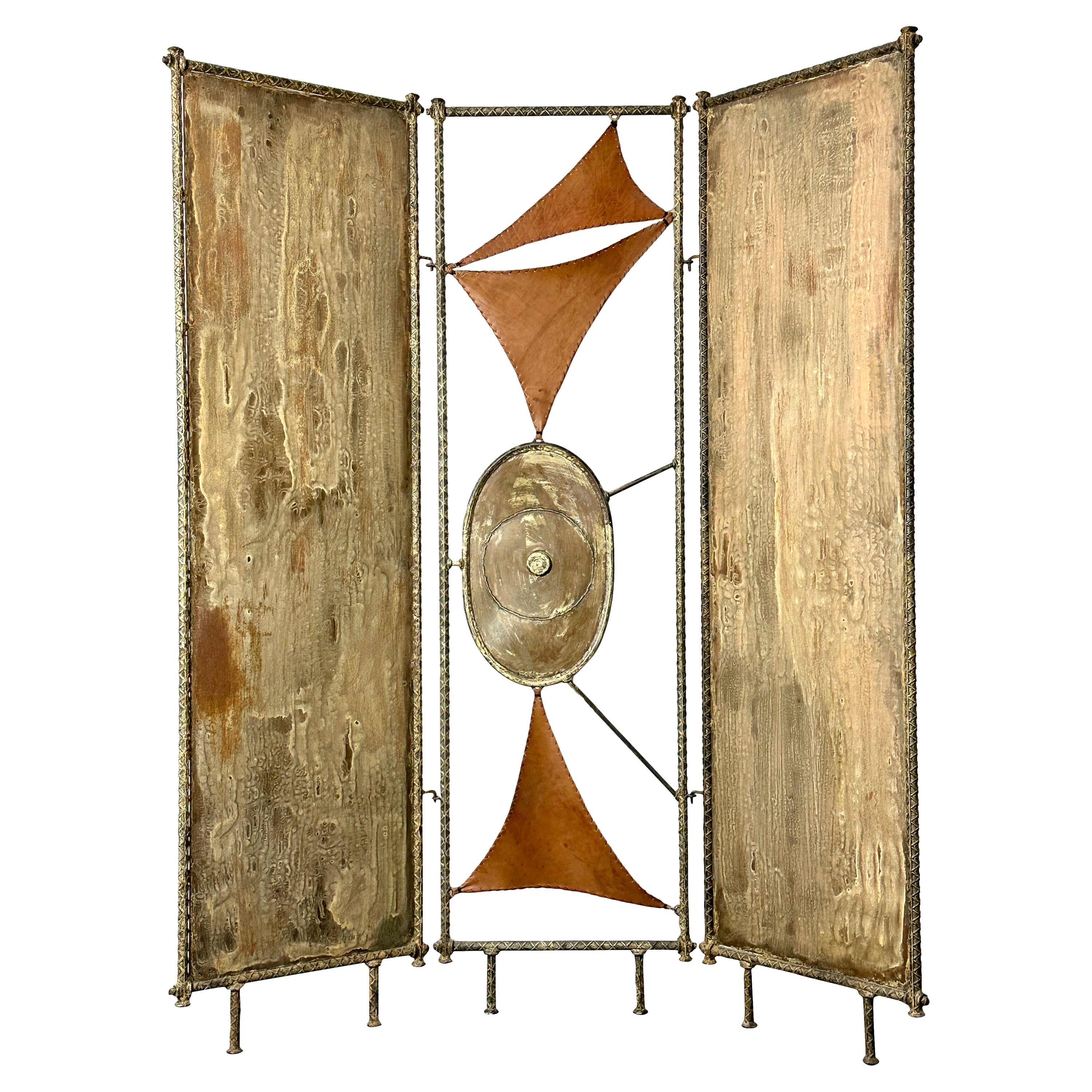 Mid Century Brutalist Steel & Leather Three Panel Room Divider Screen Sculpture For Sale