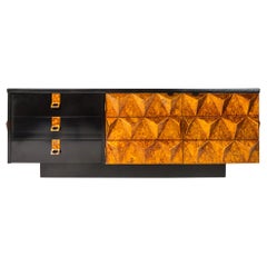 Brutalist Sculptural Diamond Faced Credenza / Sideboard With Leather Top, 1970's