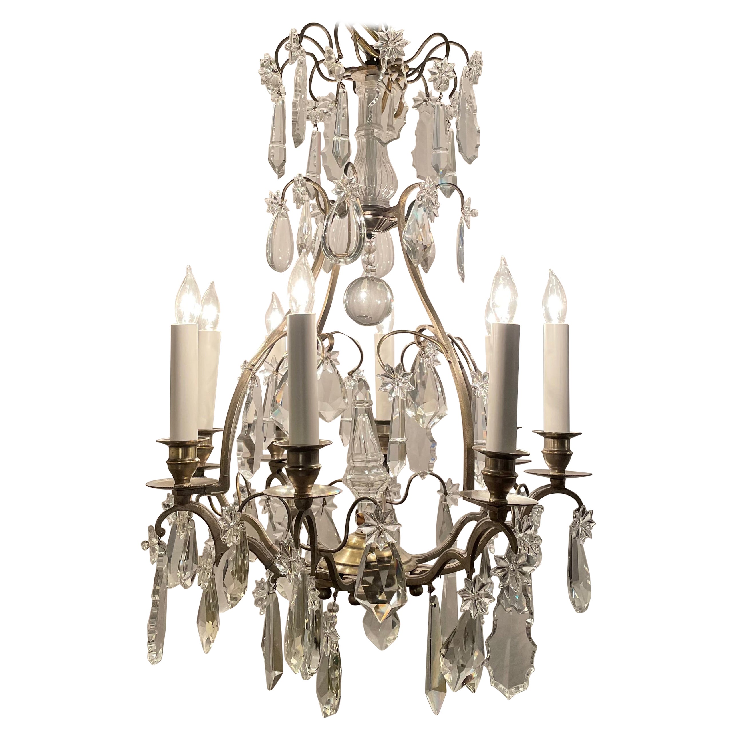 Antique French 8 Light Bronze and Crystal Chandelier, circa 1890-1910 For Sale