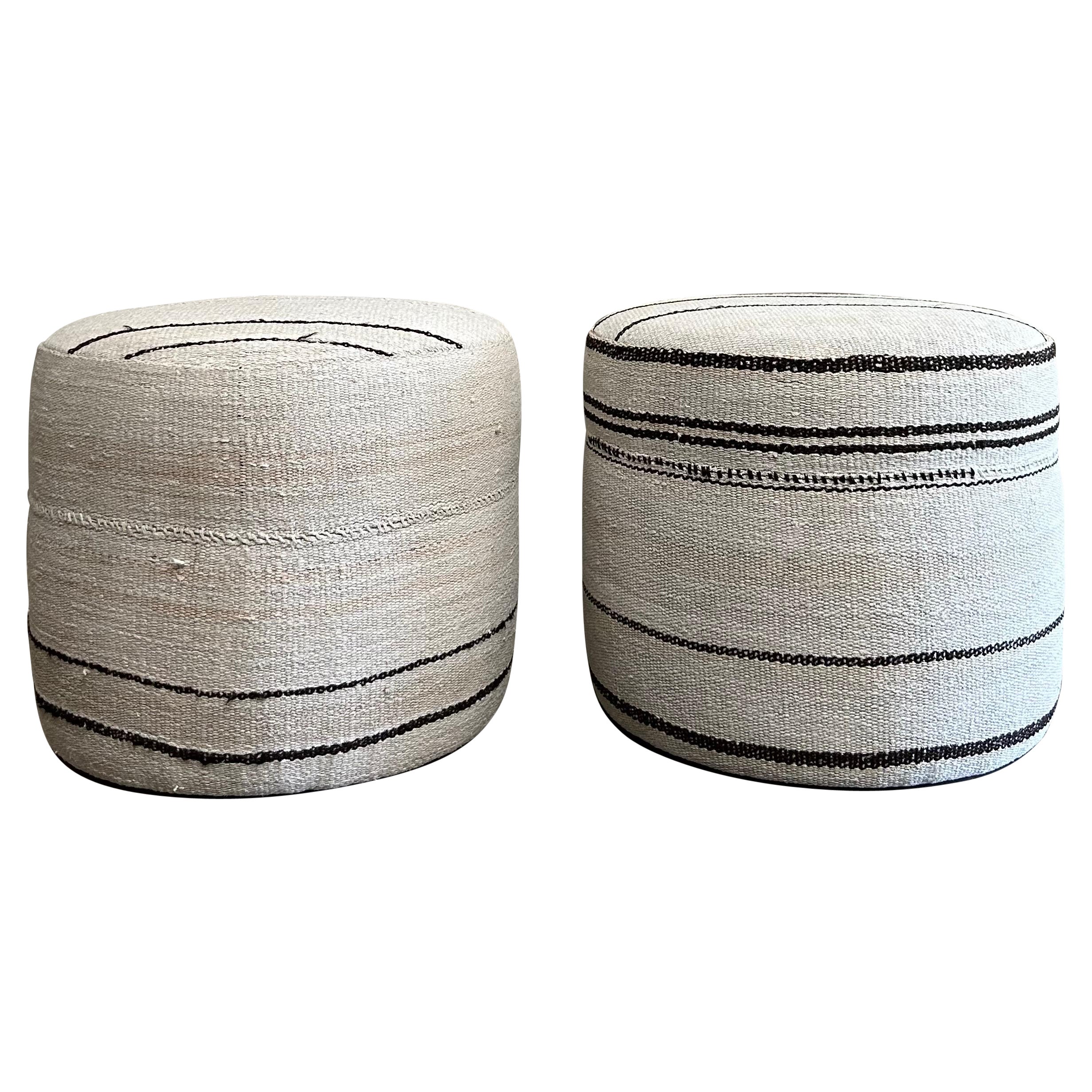 Custom Made Round Turkish Wool Pair of Ottomans with Stripes