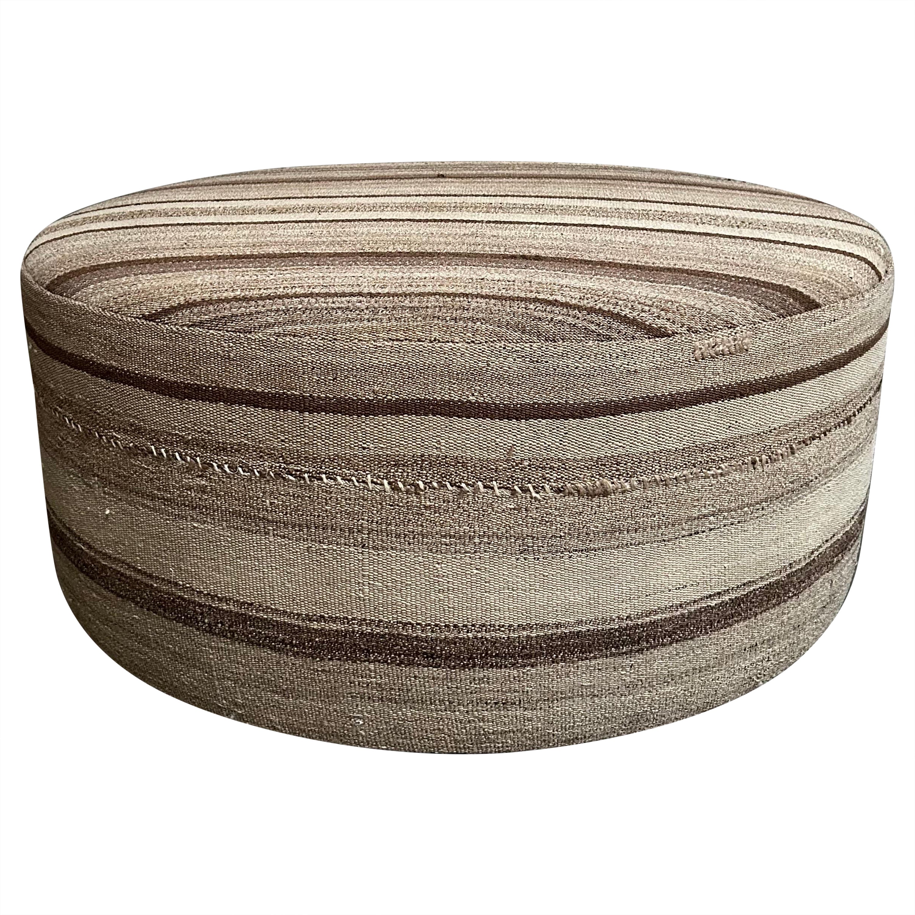 Custom Made Round Rug Cocktail Ottoman in Brown Stripe For Sale