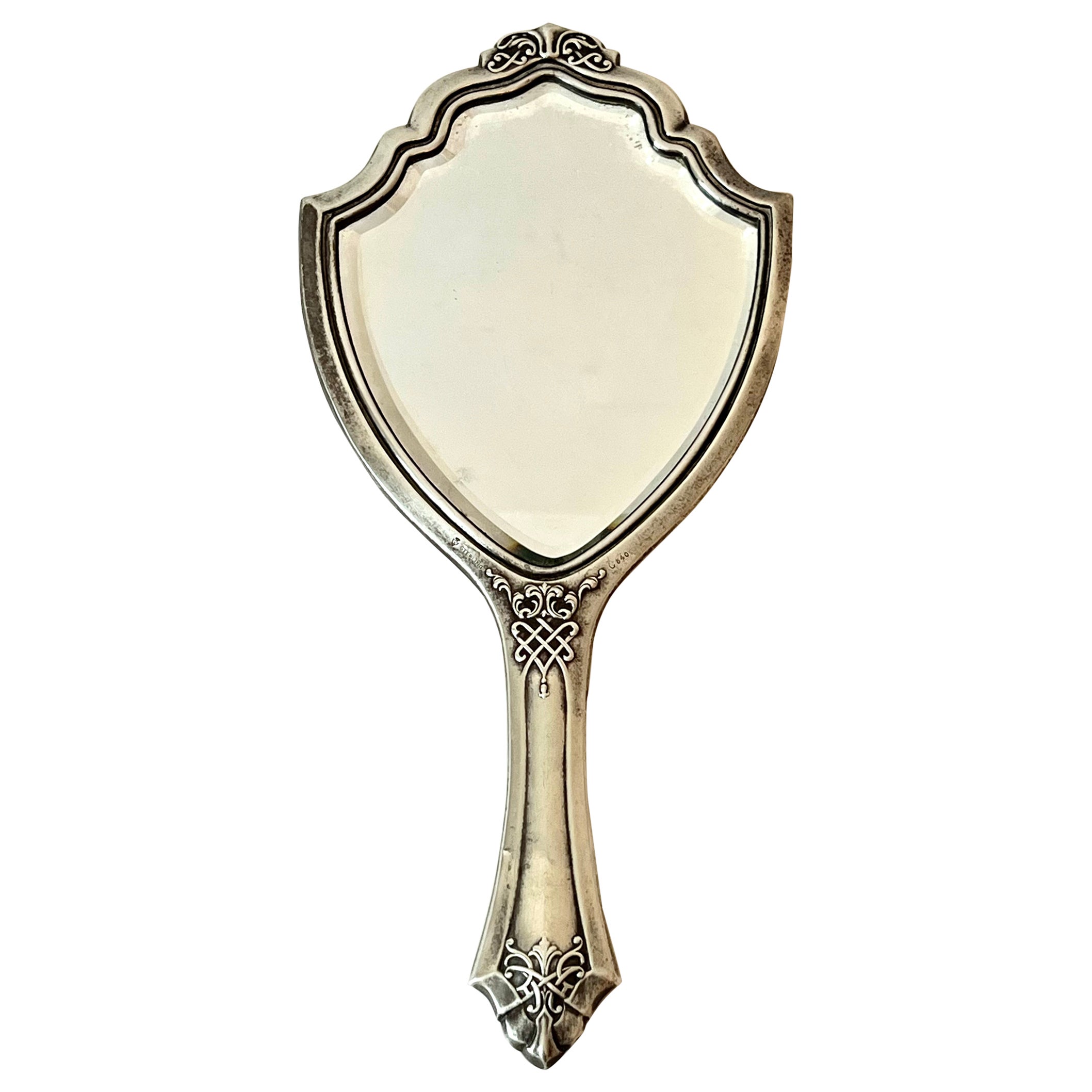 Sterling Silver Art Nouveau  Beveled Hand Mirror 
