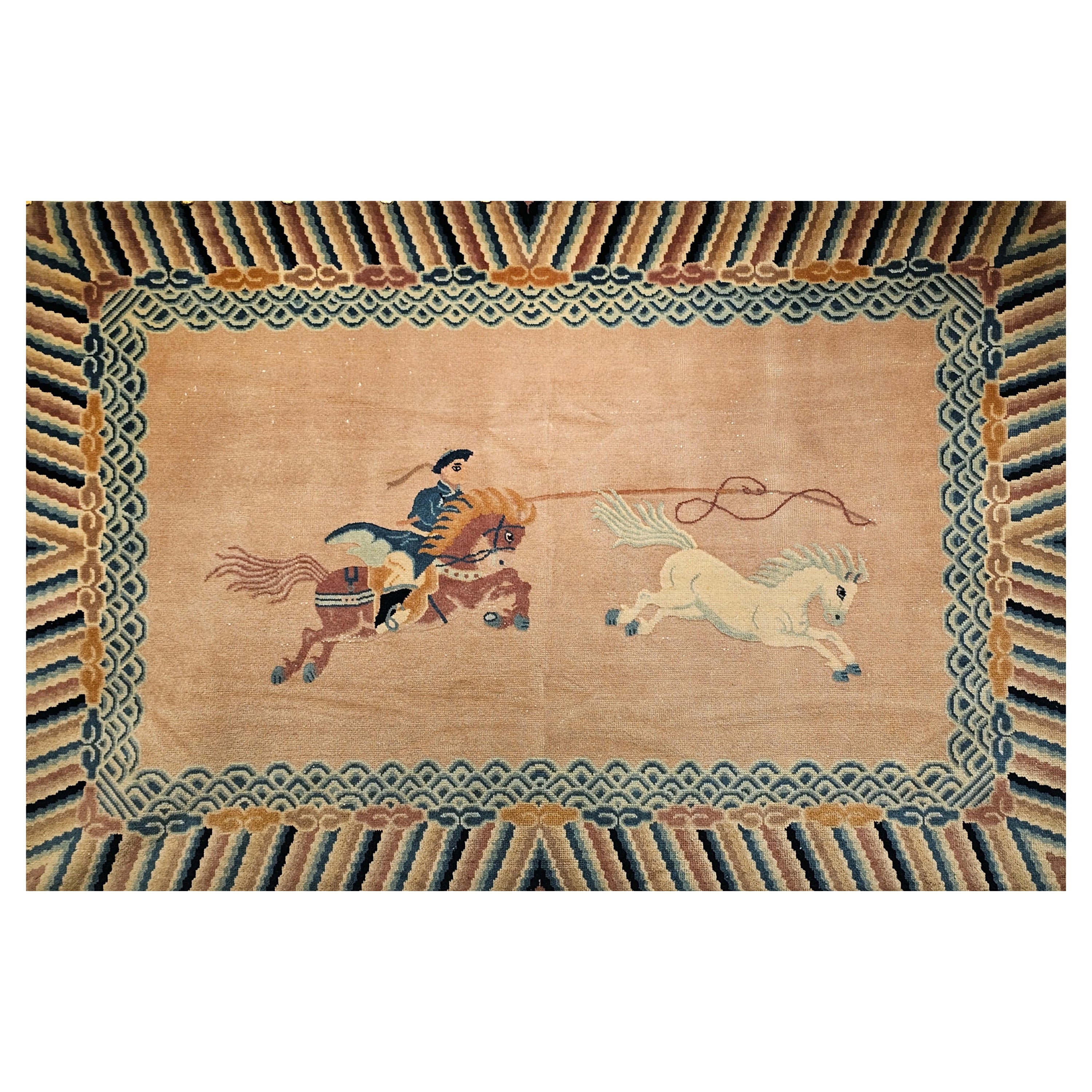 Vintage Chinese Pictorial Rug of a Riding Horseman in Pale Peach/Pink, Baby Blue For Sale