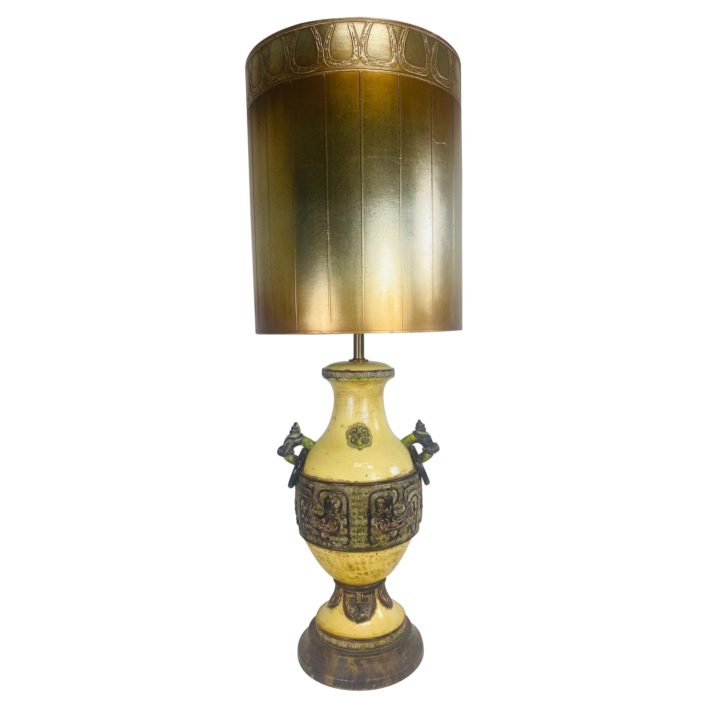 Monumental vintage pottery  Asianist style table lamp after James Mont For Sale