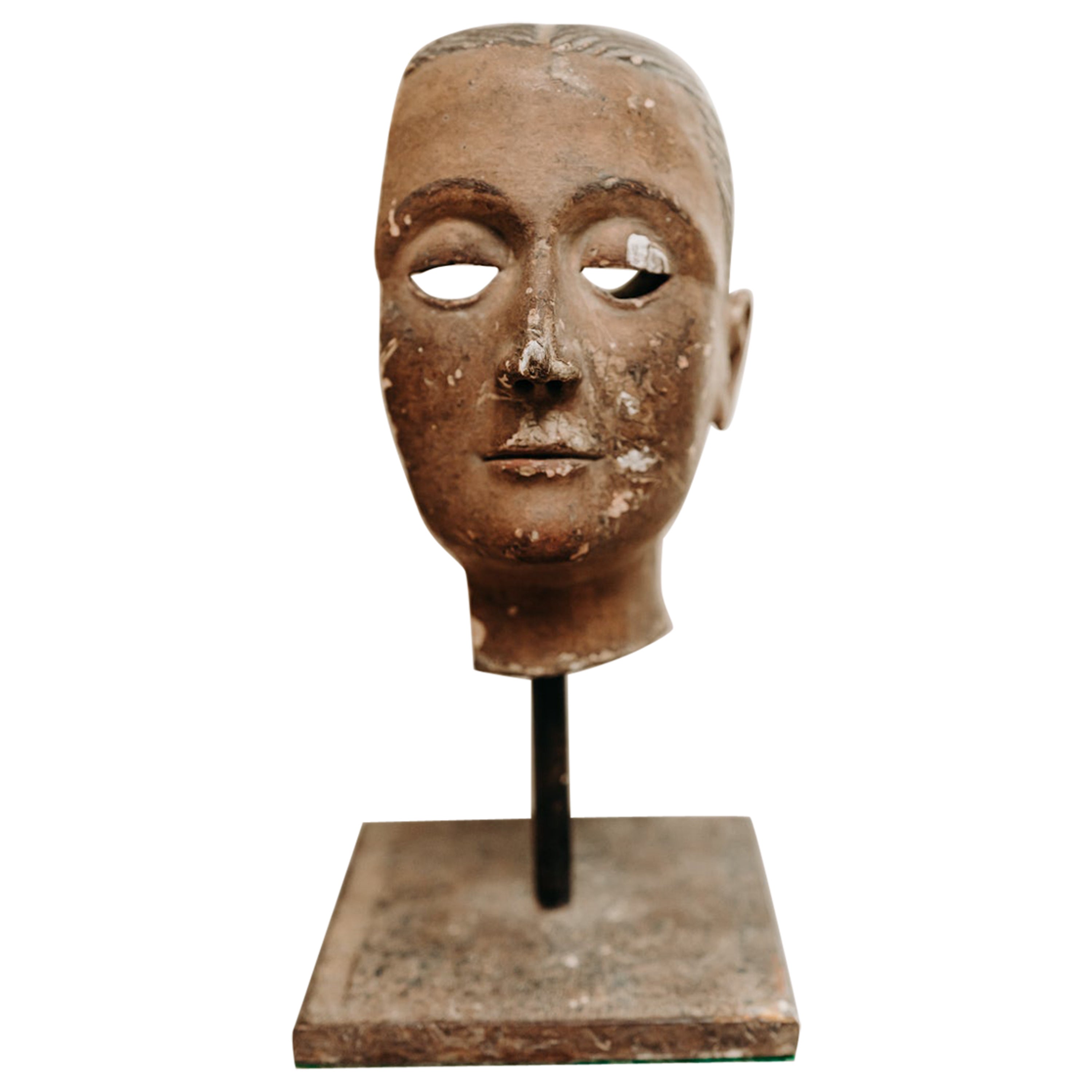 18th century Spanish polychromed wooden Santos head  For Sale