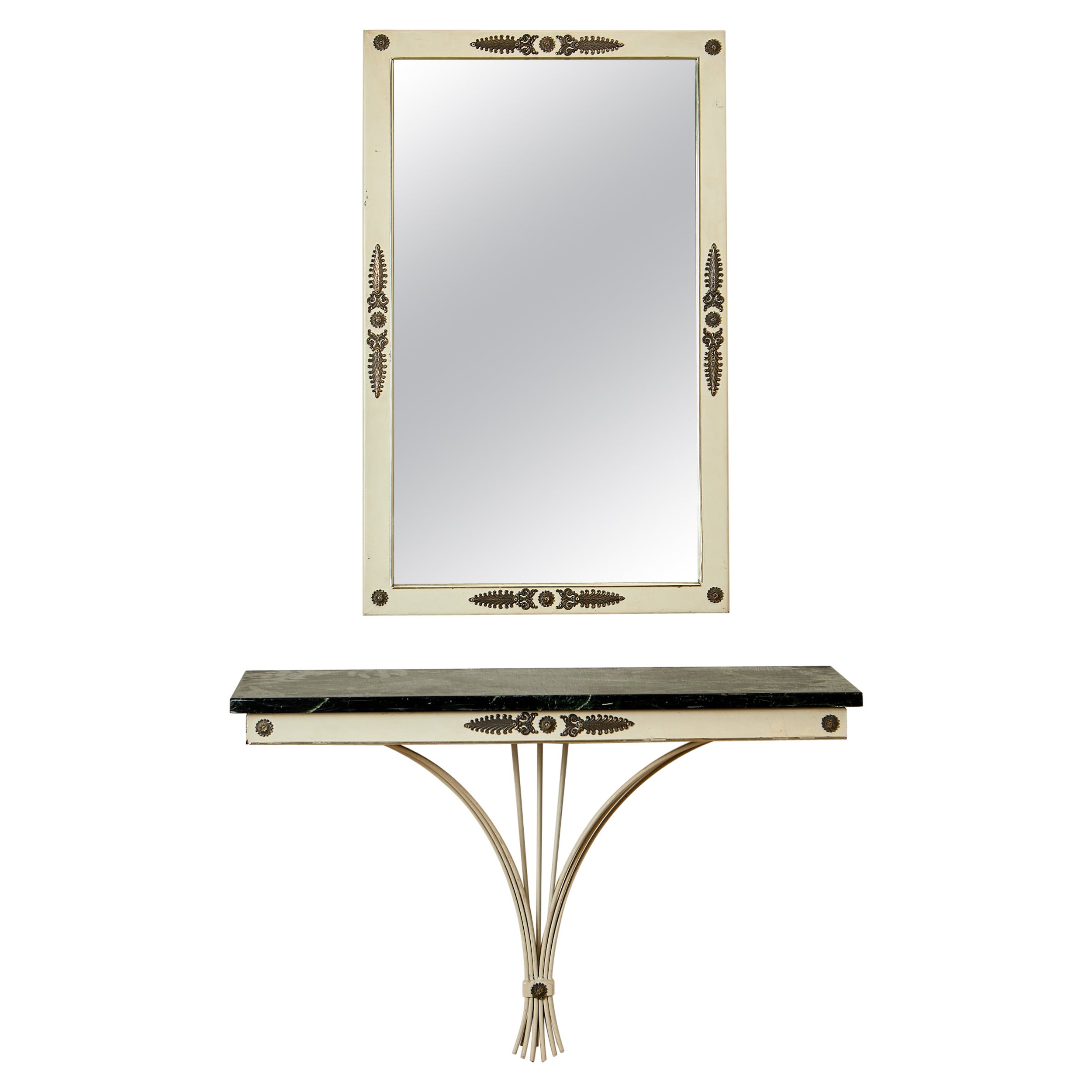 Wall mirror and console set, lacquered iron and gilded brass, circa 1950. For Sale