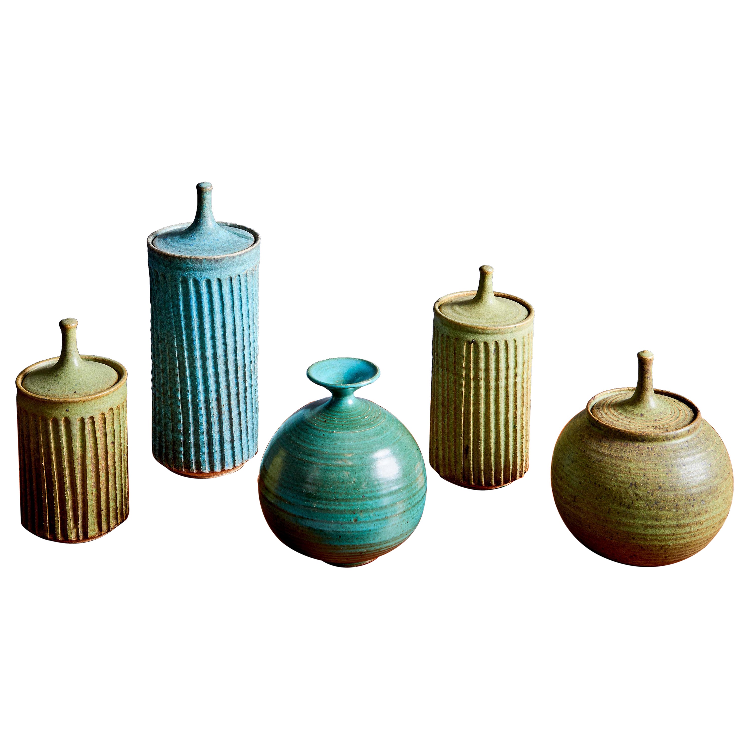Tom McMillin Ceramic Vessels with lid and Vase in green, USA 1960s For Sale