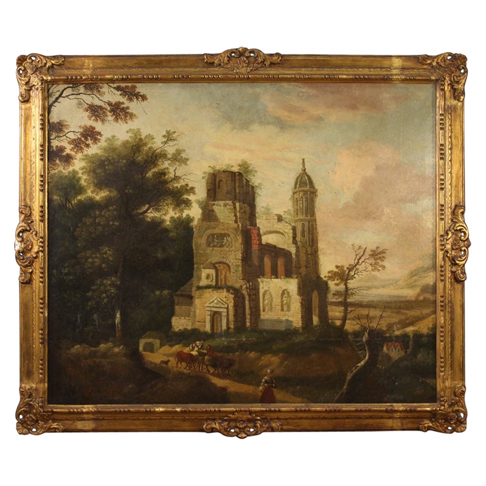 Peinture à l'huile sur toile française du 18ème siècle représentant un paysage, 1770