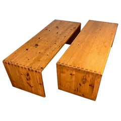 Vintage Pair of pine benches, " Chalet " style  France circa 1970