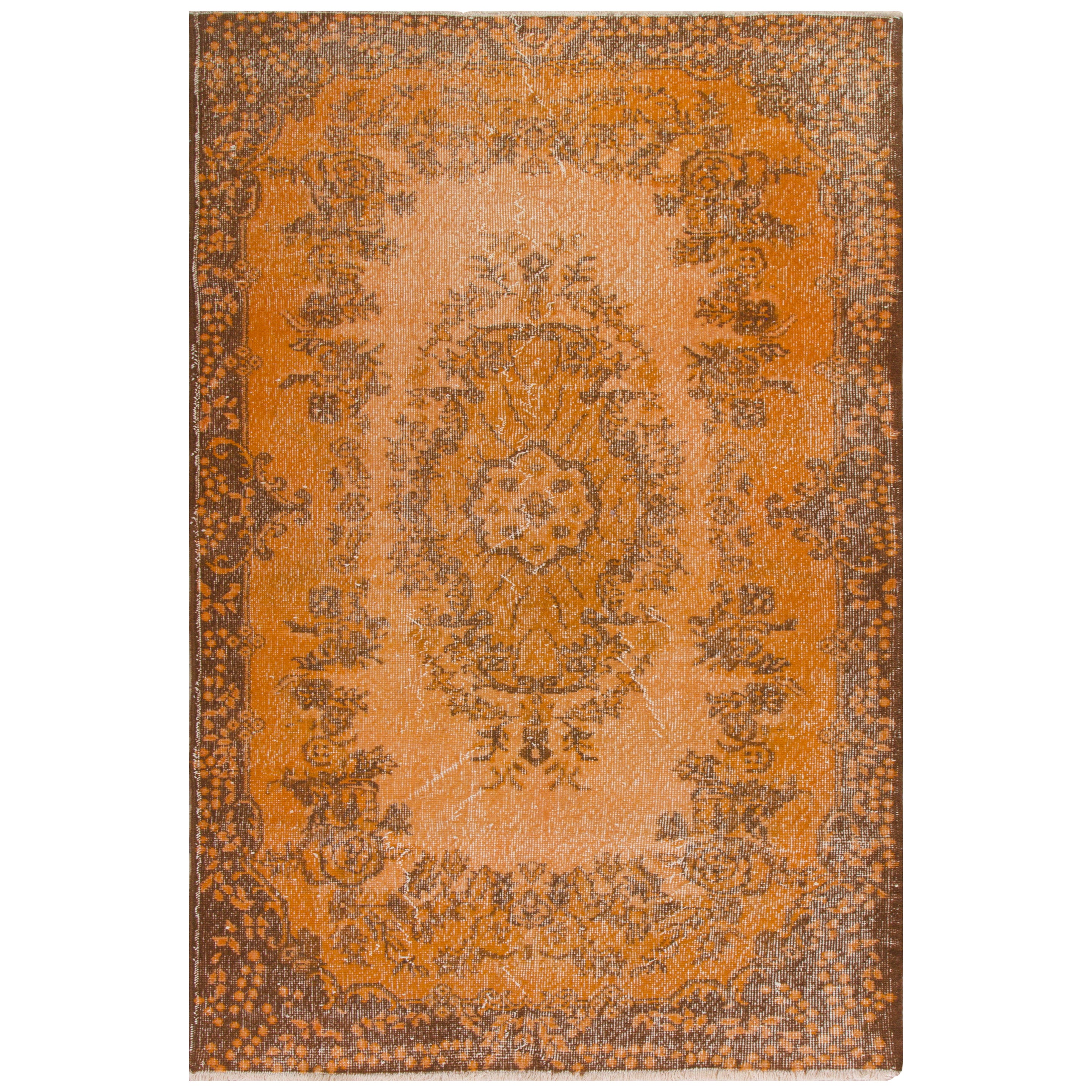 4x7.4 Ft Handmade 1970s Accent Rug, Modern Orange Carpet, Woolen Floor Covering For Sale