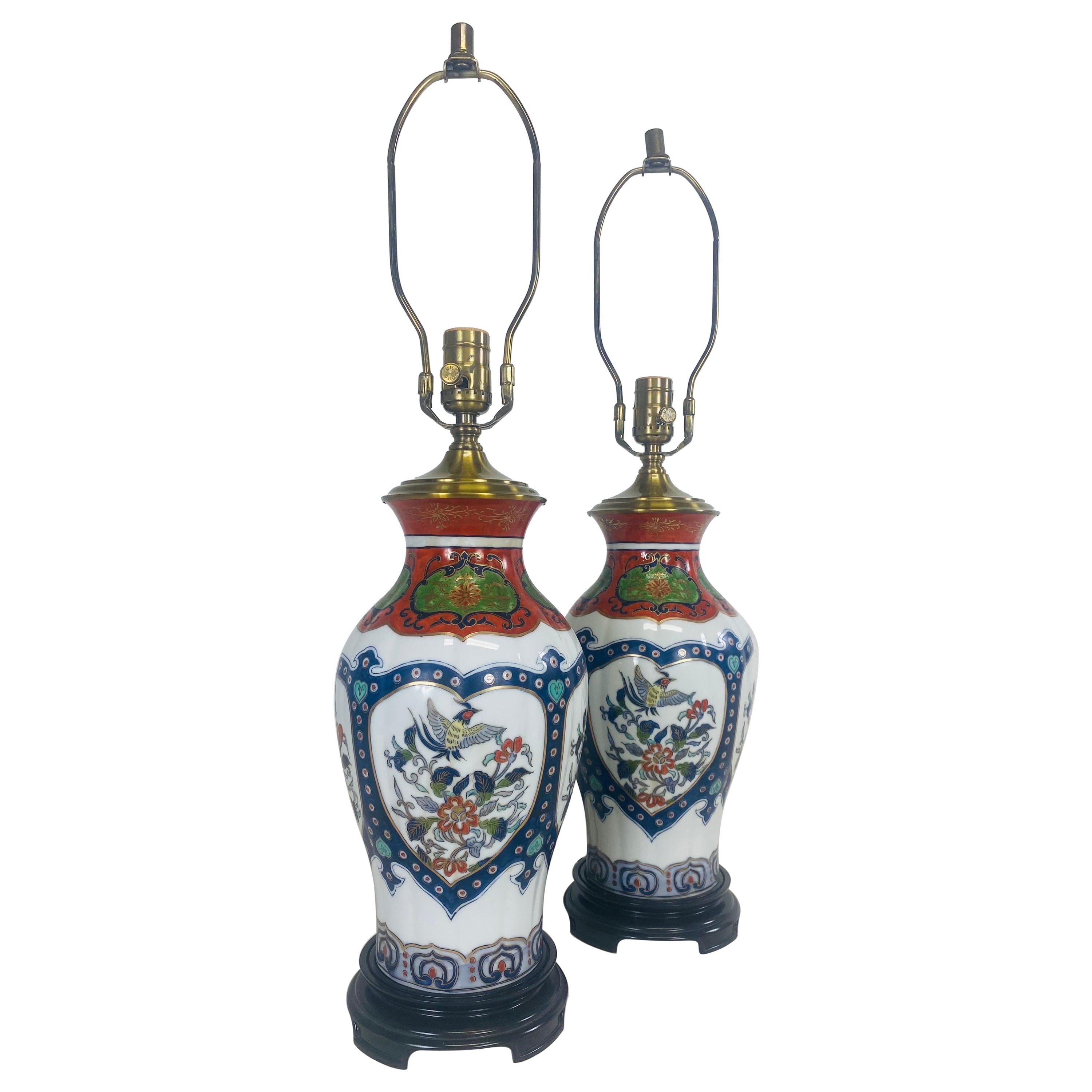 Elegant hand painted Chinese export Porcelain table lamps/pair For Sale