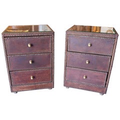1970s Pair of Tables with Drawers, Studded Leather and Brass Handles 