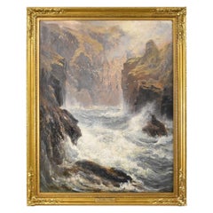 Peinture ancienne, Cornouailles, marina avec des rochers et des mouettes, 19e siècle.