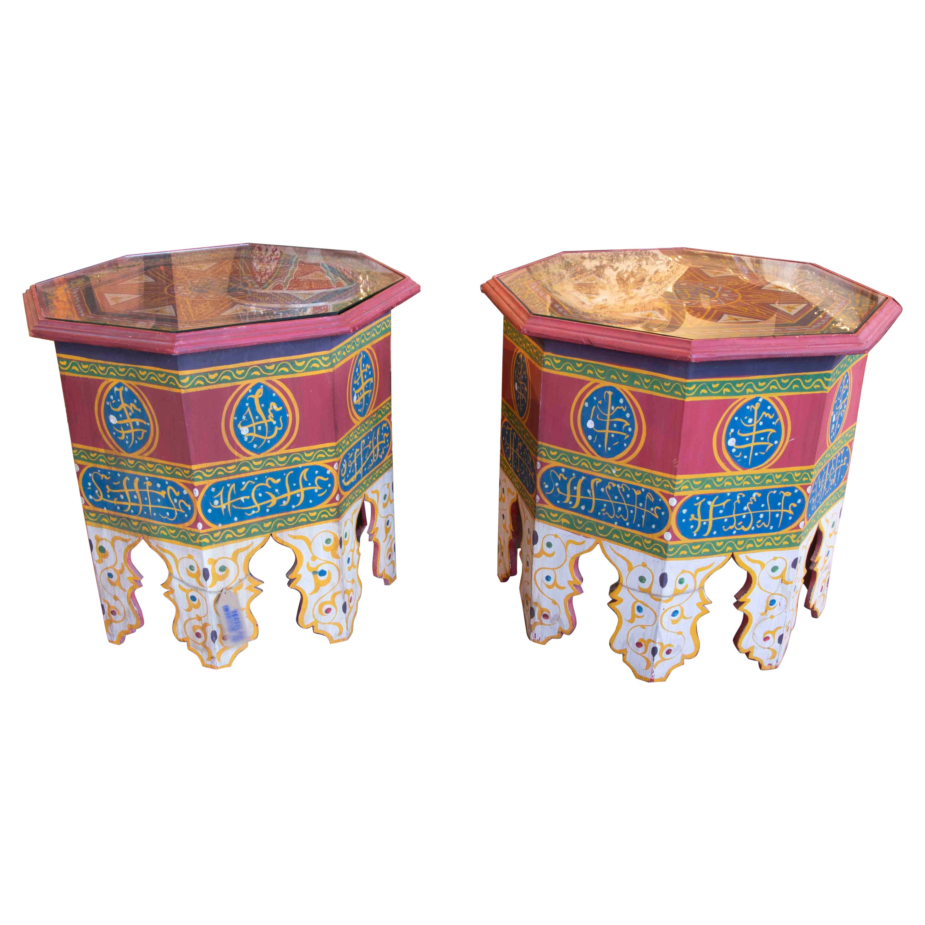 Moroccan Pair of Octagonal Wooden  Coffee Tables in Bright Colours For Sale