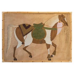 1970s Painted Horse with Saddle on Canvas and Framed in Bamboo 