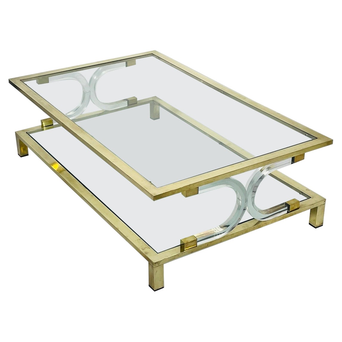 Two Tier Lucite & Brass Coffee Table in the Style of Charles Hollis Jones. For Sale