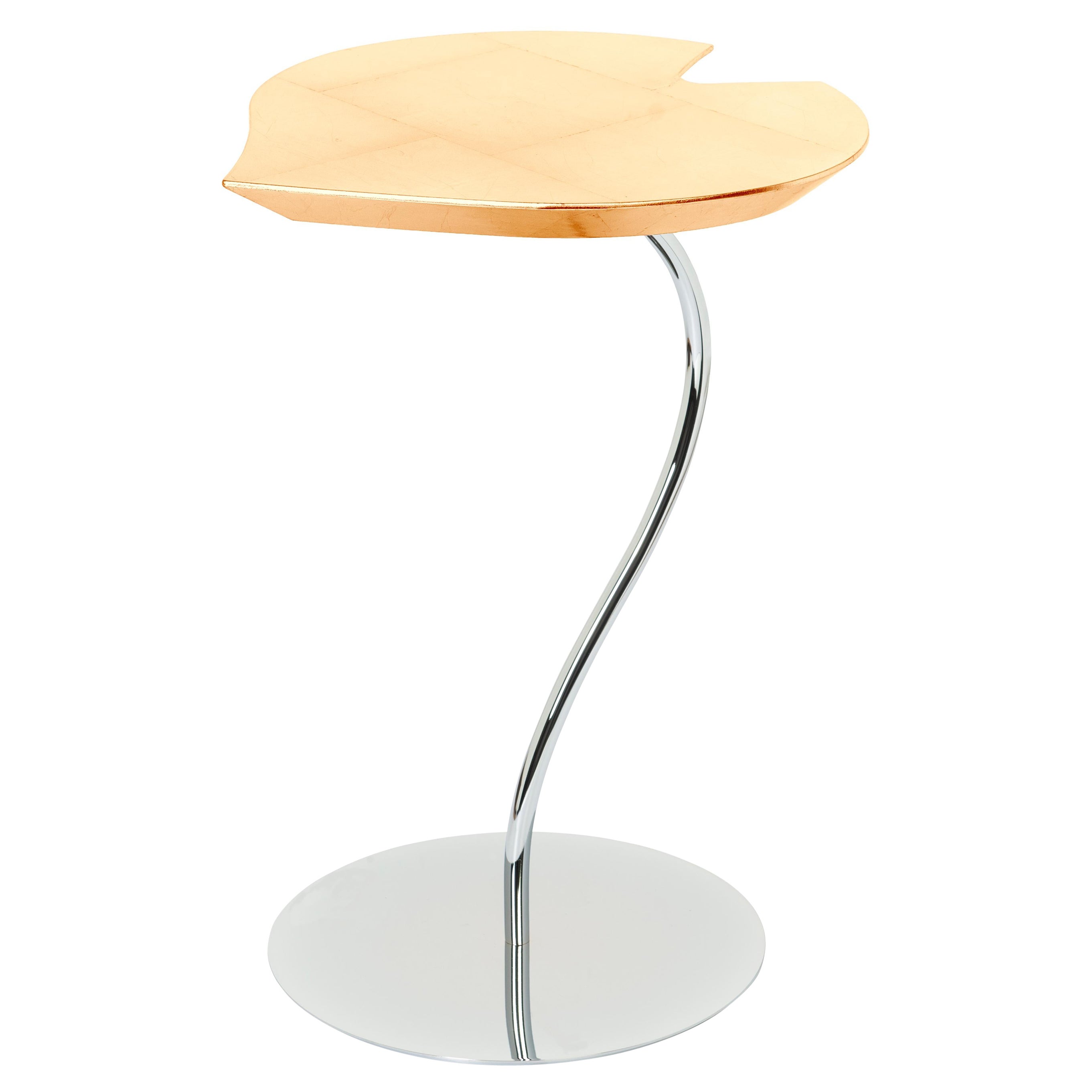 Small Table Leaf Wood, Golden Leaf Top, Base in Metal Chrome Finish, Italy For Sale