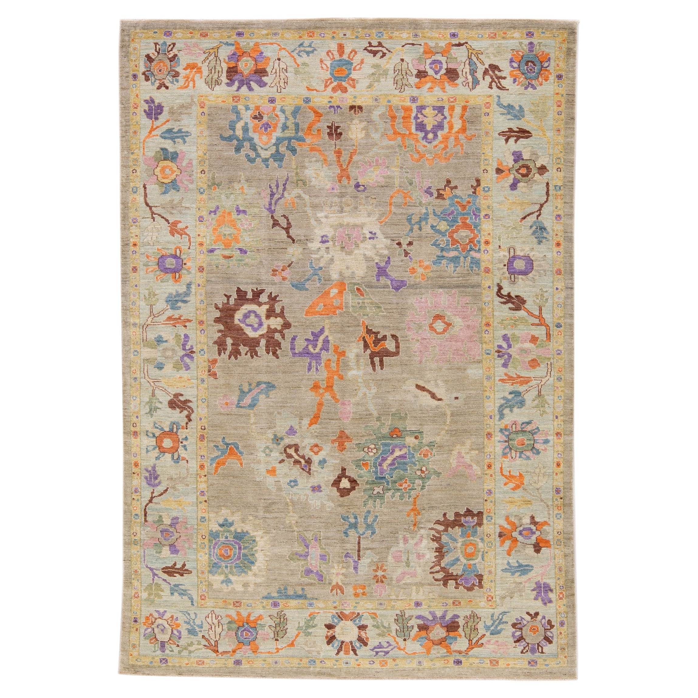 Light Gray Modern Sultanabad Wool Rug Handmade With Floral Pattern For Sale
