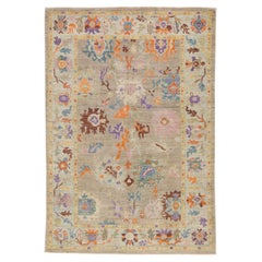 Light Gray Modern Sultanabad Wool Rug Handmade With Floral Pattern