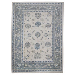 Handgewebter türkischer Oushak-Teppich aus Wolle in Blau & Grün mit Blumenmuster 9'6" X 13'10"