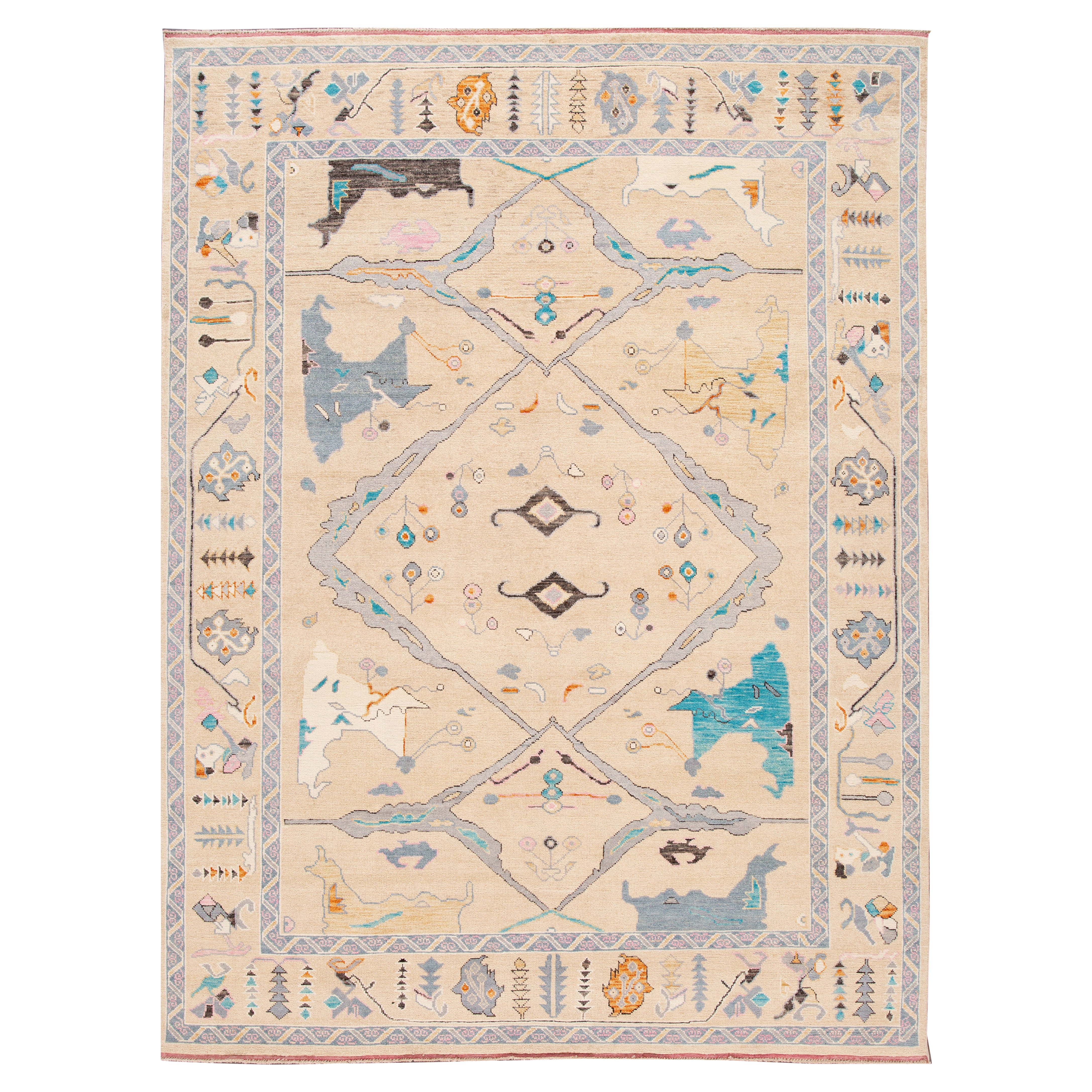 Contemporary Turkish Oushak Style Wool Rug In Beige With Artwork Pattern For Sale