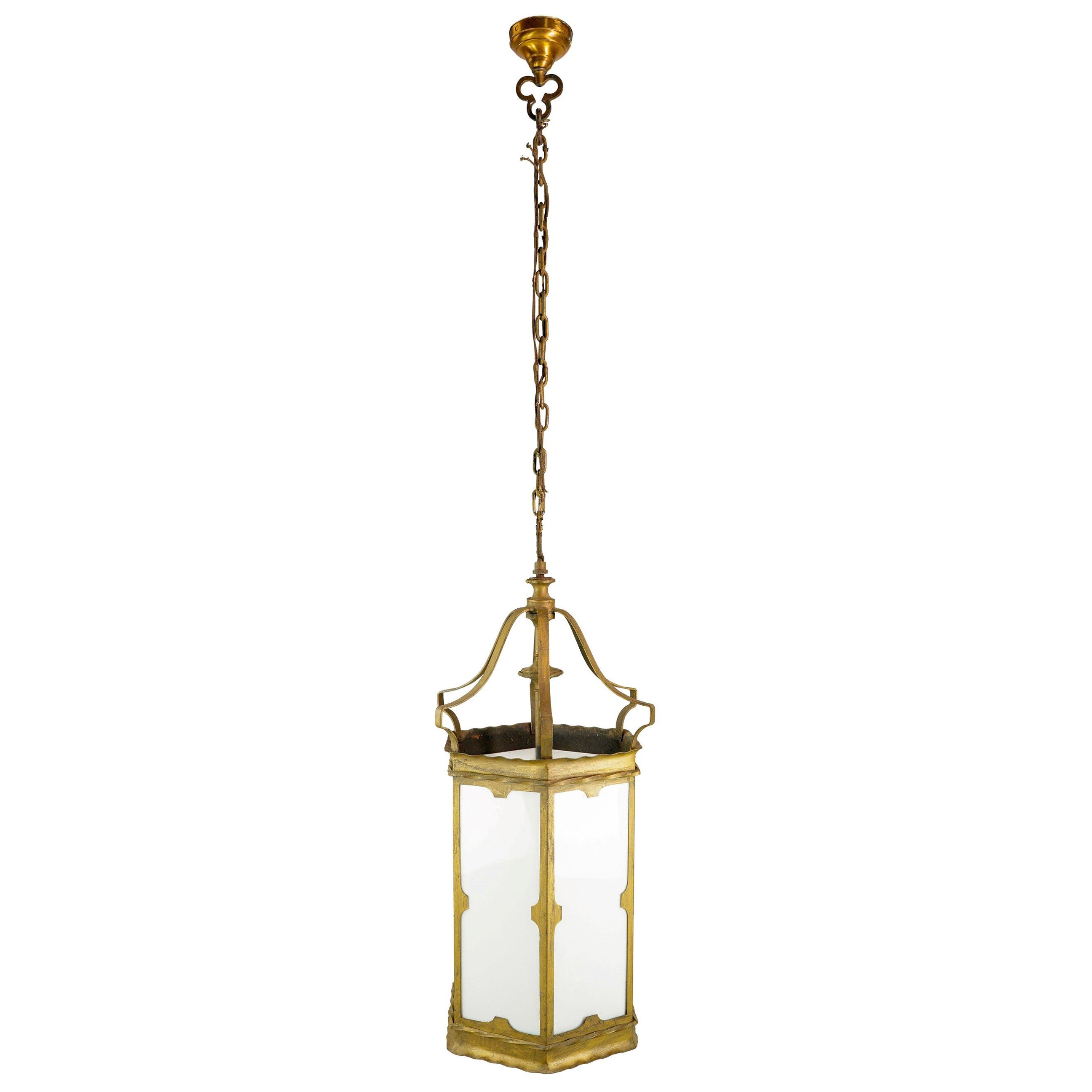 Gold Painted Hanging Lantern White Glass Panels  For Sale