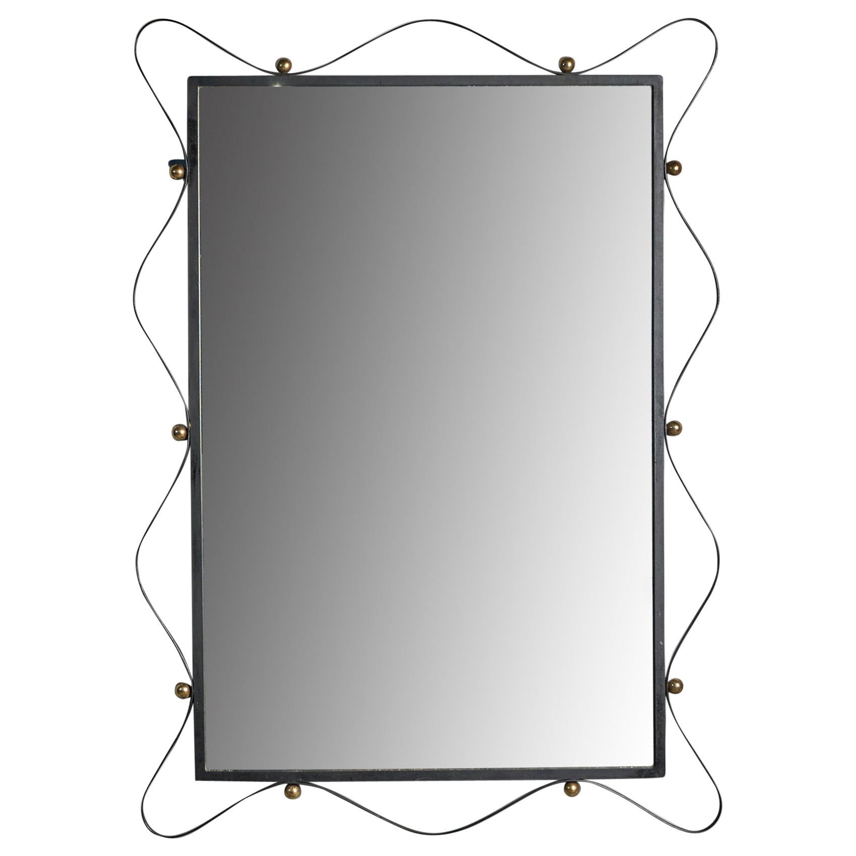 American Designer, Sizeable Wall Mirror, Metal, Brass, France, 1950s For Sale