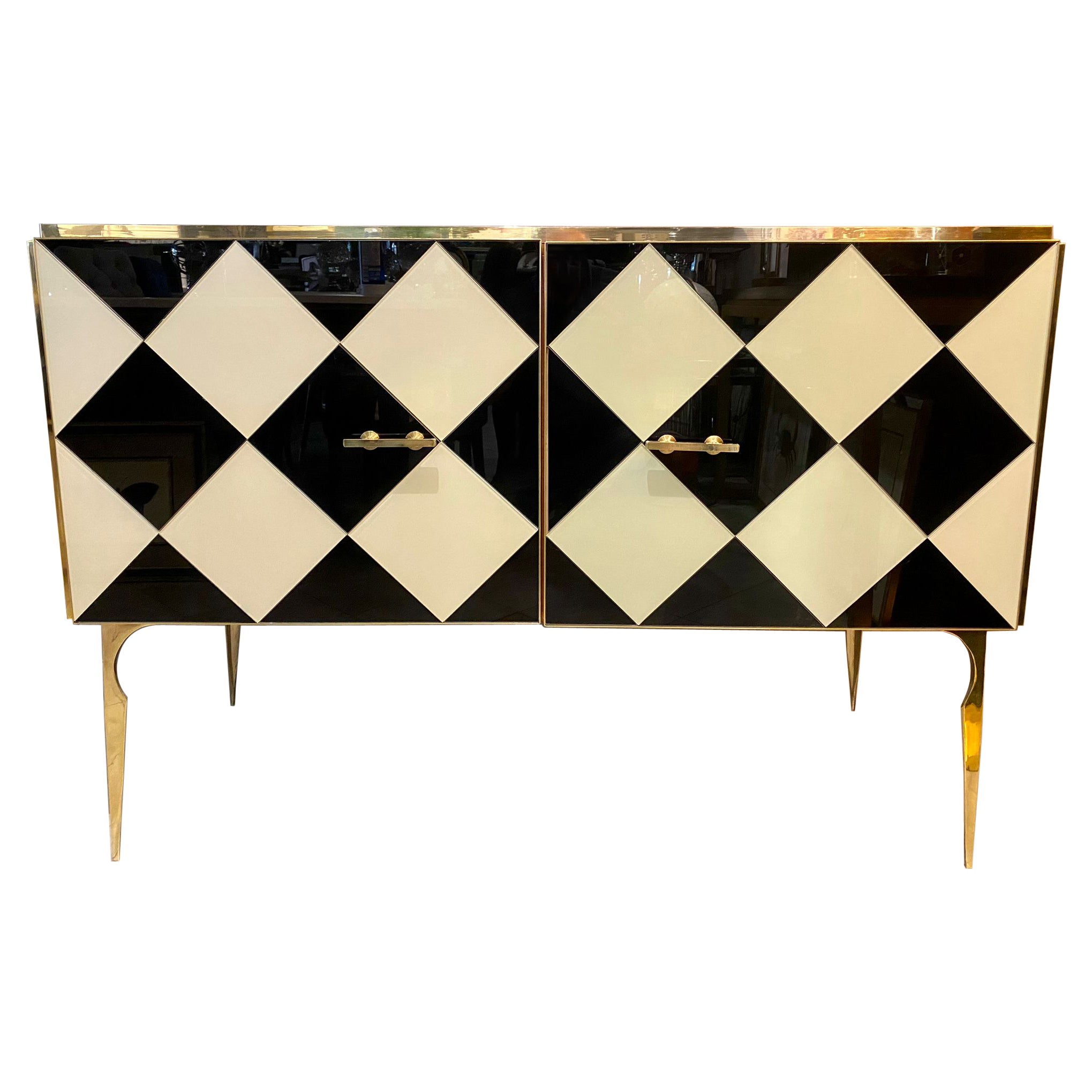 Italian Contemporary Black White Check Murano Glass, Brass and Wood Sideboard For Sale