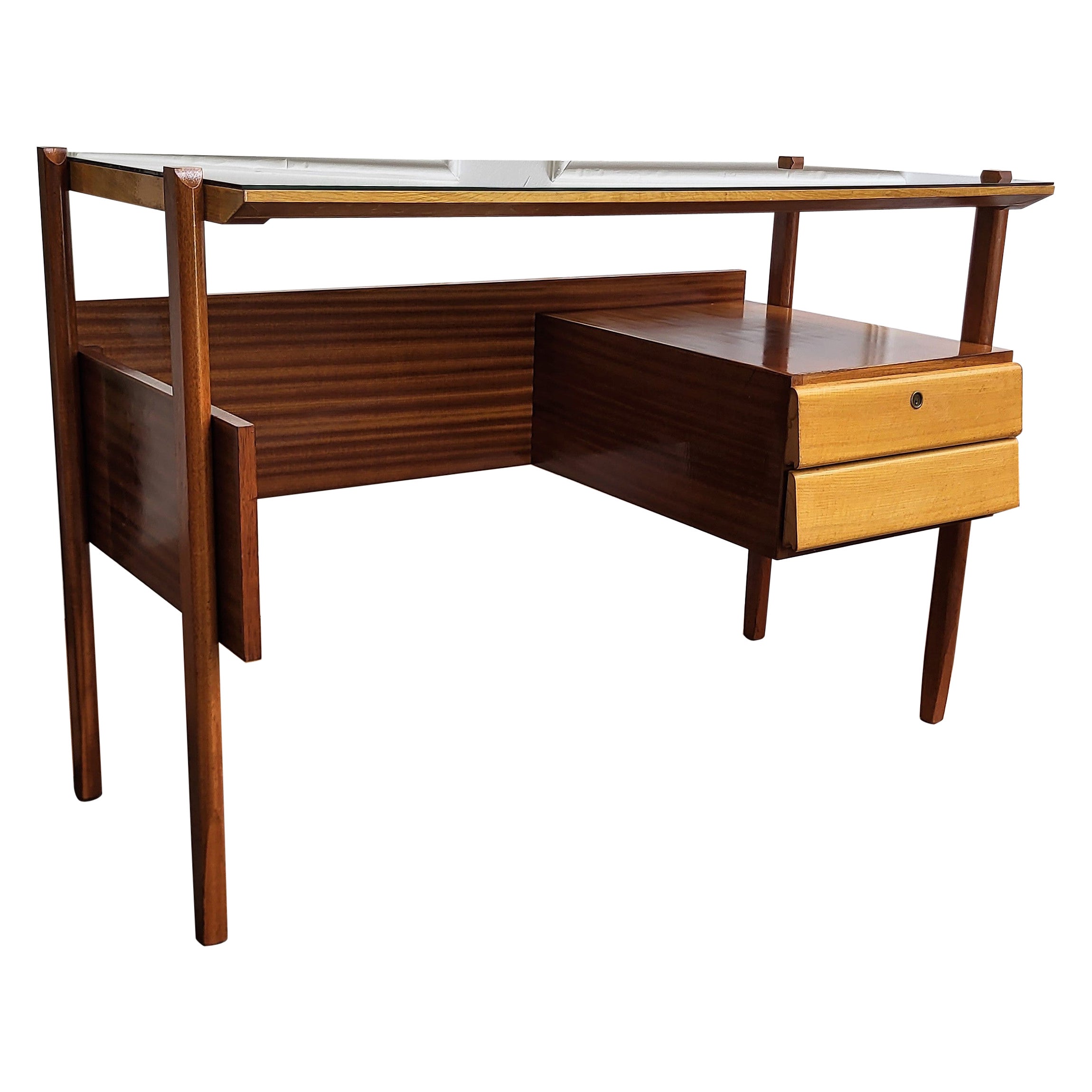 1960s Italian Art Deco Mid-Century Walnut Brass Glass Top Desk Writing Table en vente