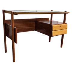 1960s Italian Art Deco Mid-Century Walnut Brass Glass Top Desk Writing Table