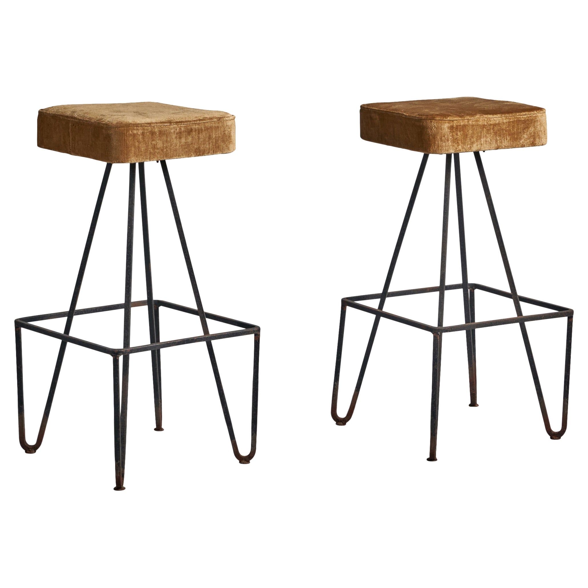 American Designer, Pair of Bar Stools, Iron, Velvet, USA, 1950s