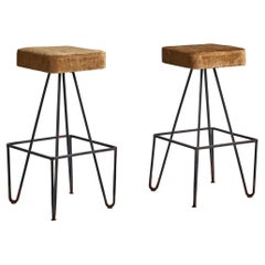 Vintage American Designer, Pair of Bar Stools, Iron, Velvet, USA, 1950s