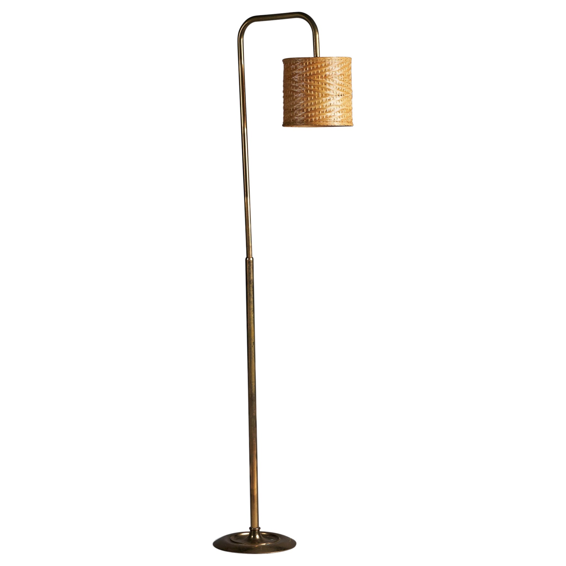 Italian Designer, Floor Lamp, Brass, Rattan, Italy, 1960s For Sale