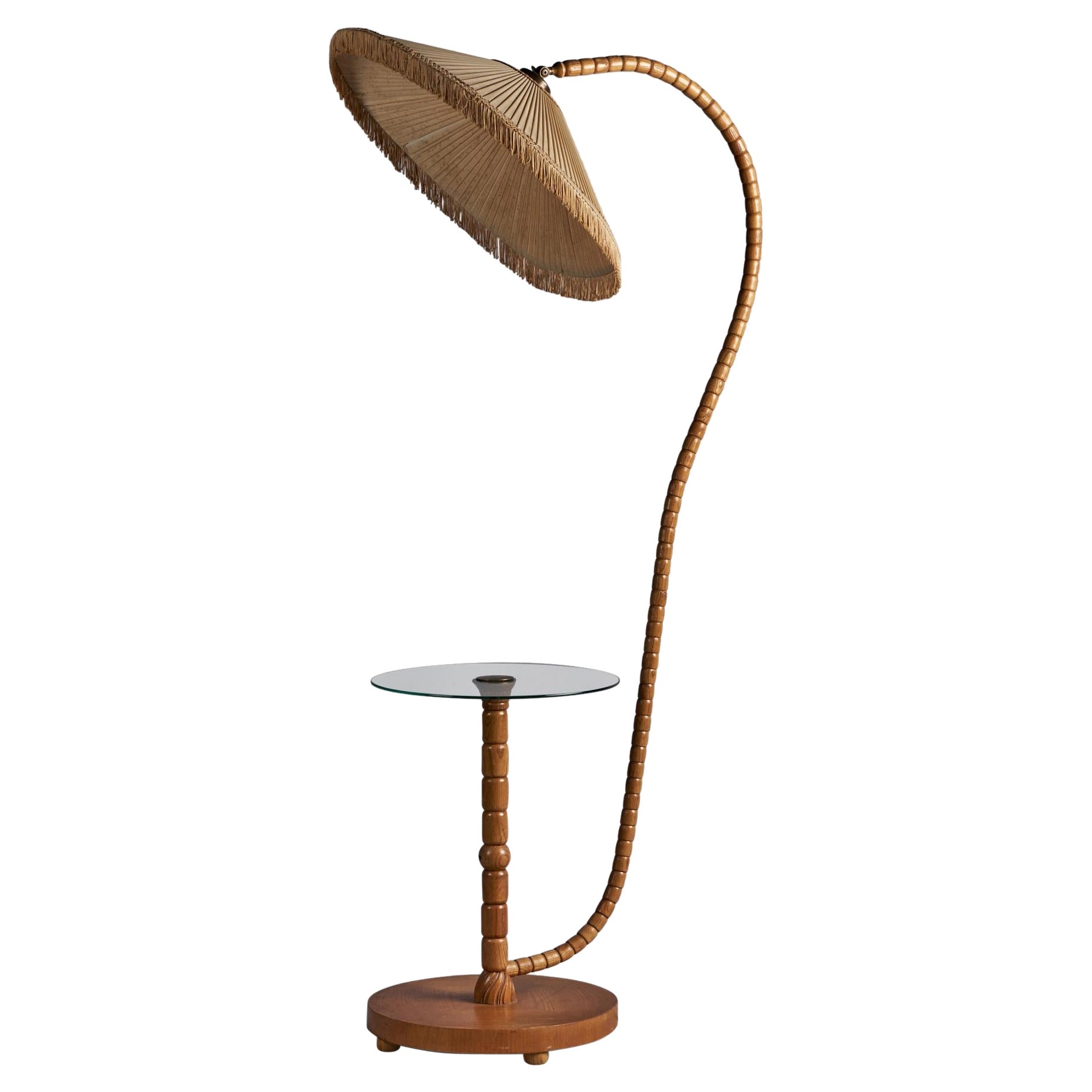Swedish Designer, Floor Lamp, Glass, Fabric, Pine, Brass Sweden, 1930s For Sale
