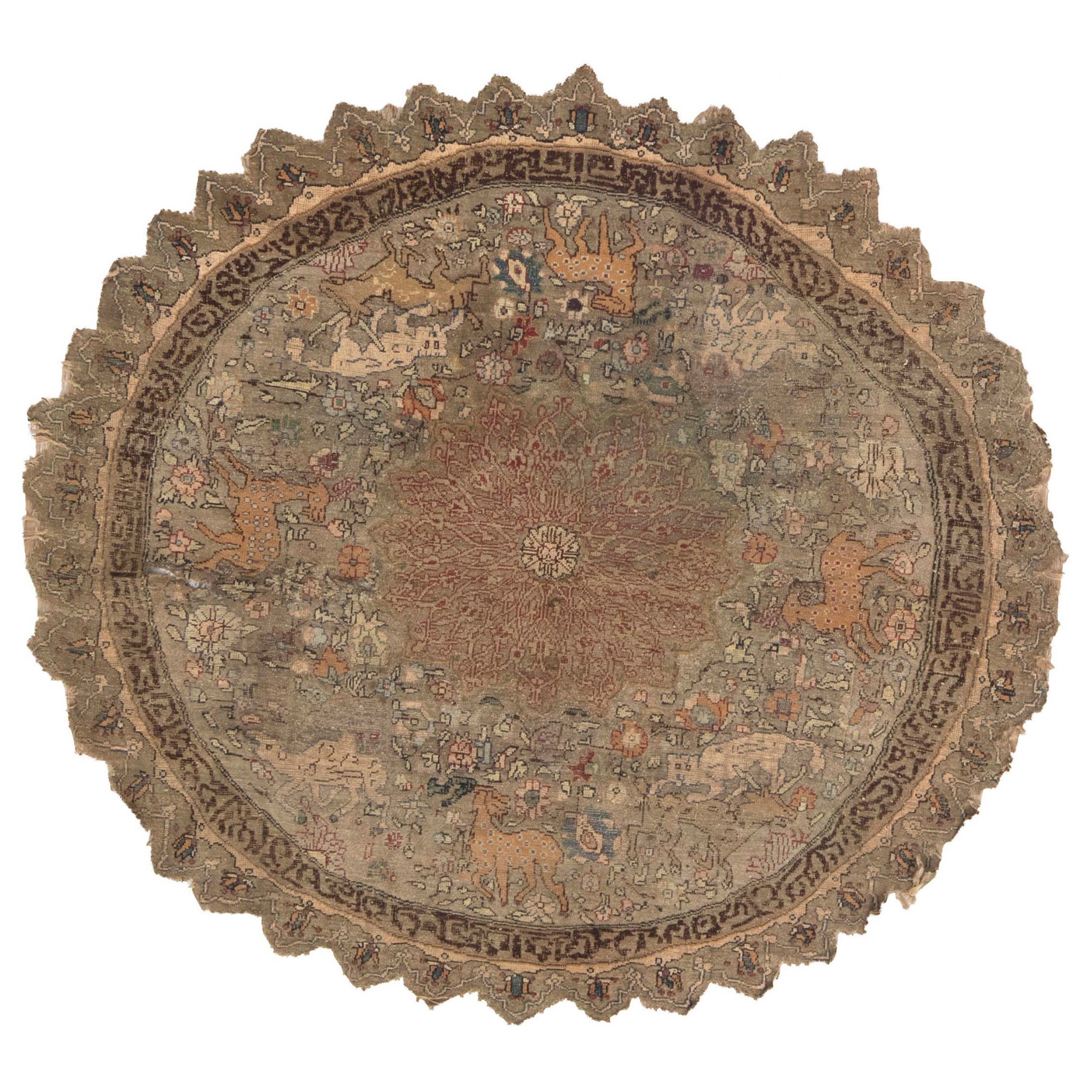 Runder türkischer Seiden-, Metallfaden-Teppich aus dem 19. Jahrhundert