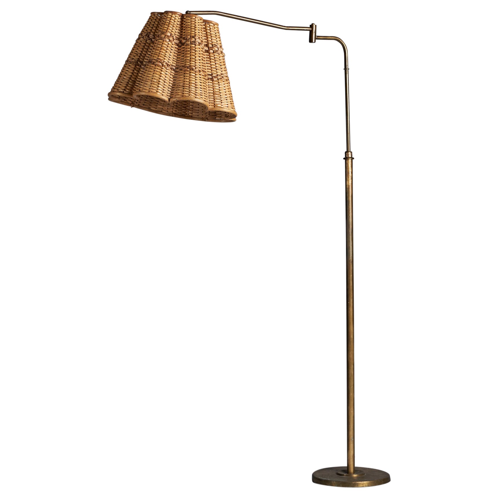 Italian Designer, Floor Lamp, Brass, Rattan, Bamboo, Italy, 1940s For Sale