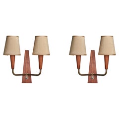 Danish Designer, Wall Lights, Brass, Teak, Fabric, Denmark, 1950s