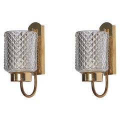 Swedish Designer, Wall Lights, Brass, Glass, Sweden, 1960s