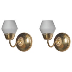 Swedish Designer, Wall Lights, Brass, Glass, Sweden, 1960s