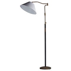 Créateur italien, lampadaire réglable, laiton, vinyle, tissu, années 1940