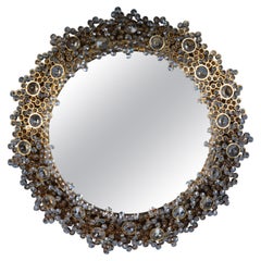 Modern designer brass wall mirror, crystal, round, 1980s