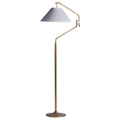 Vintage Italian Designer, Adjustable Floor Lamp, Brass, Fabric, Italy, 1940s