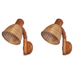 Solbackens Svarveri, Wall Lights, Pine, Rattan, Sweden, 1970s