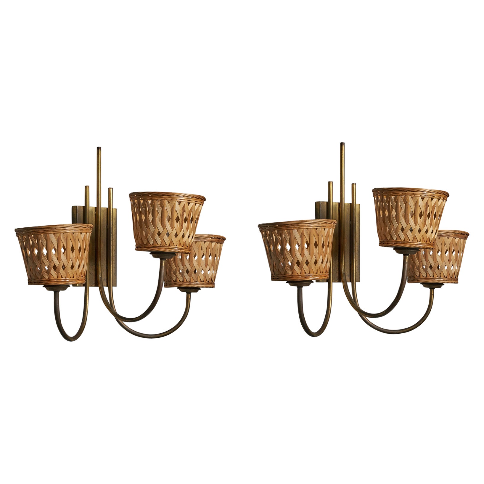 Italian Designer, Sizeable Wall Lights, Brass, Rattan, Italy, 1940s For Sale