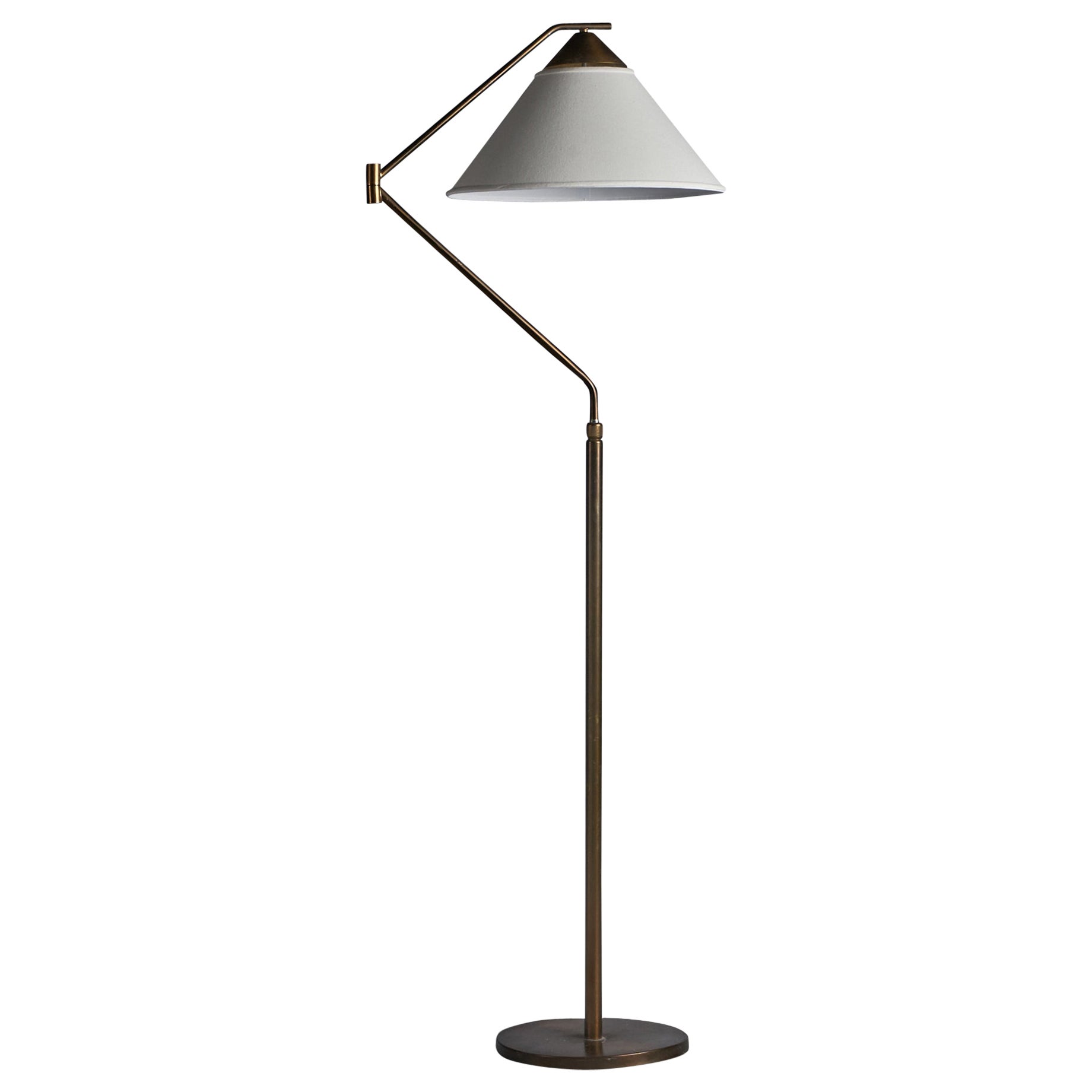 Italian Designer, Adjustable Floor Lamp, Brass, Fabric, Italy, 1940s For Sale